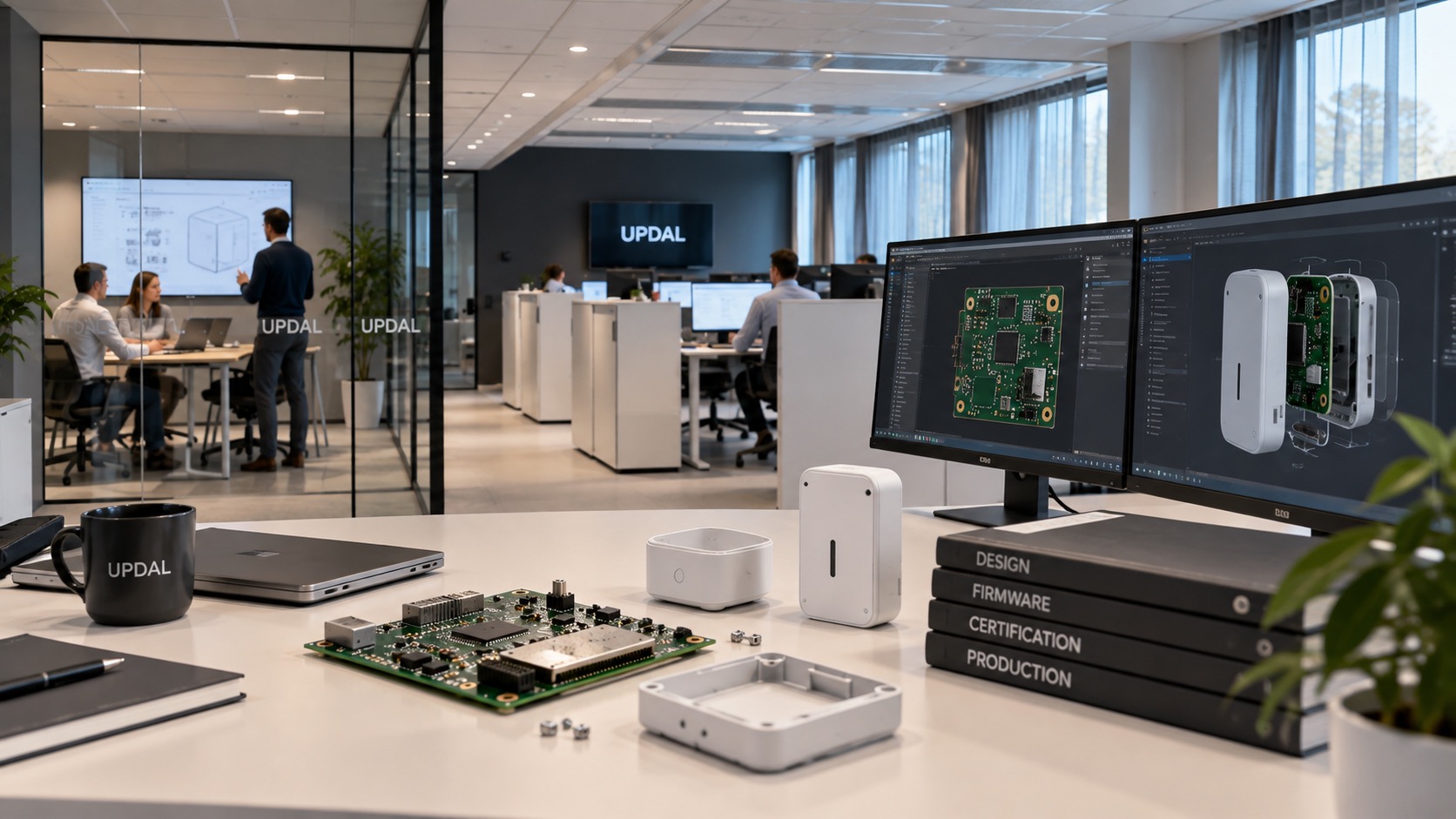 Updal product development office with engineering workstations overlooking the water in Upplands Väsby, Sweden