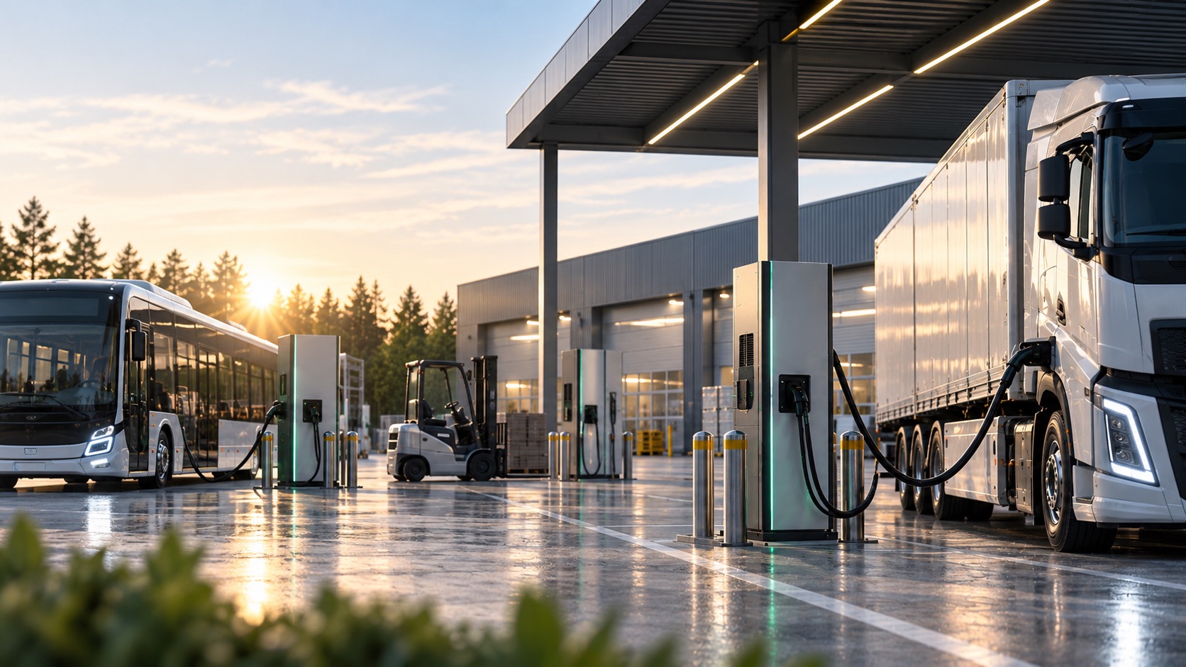 Updal Green Energy EV charging depot with electric bus, truck and forklift at sunset
